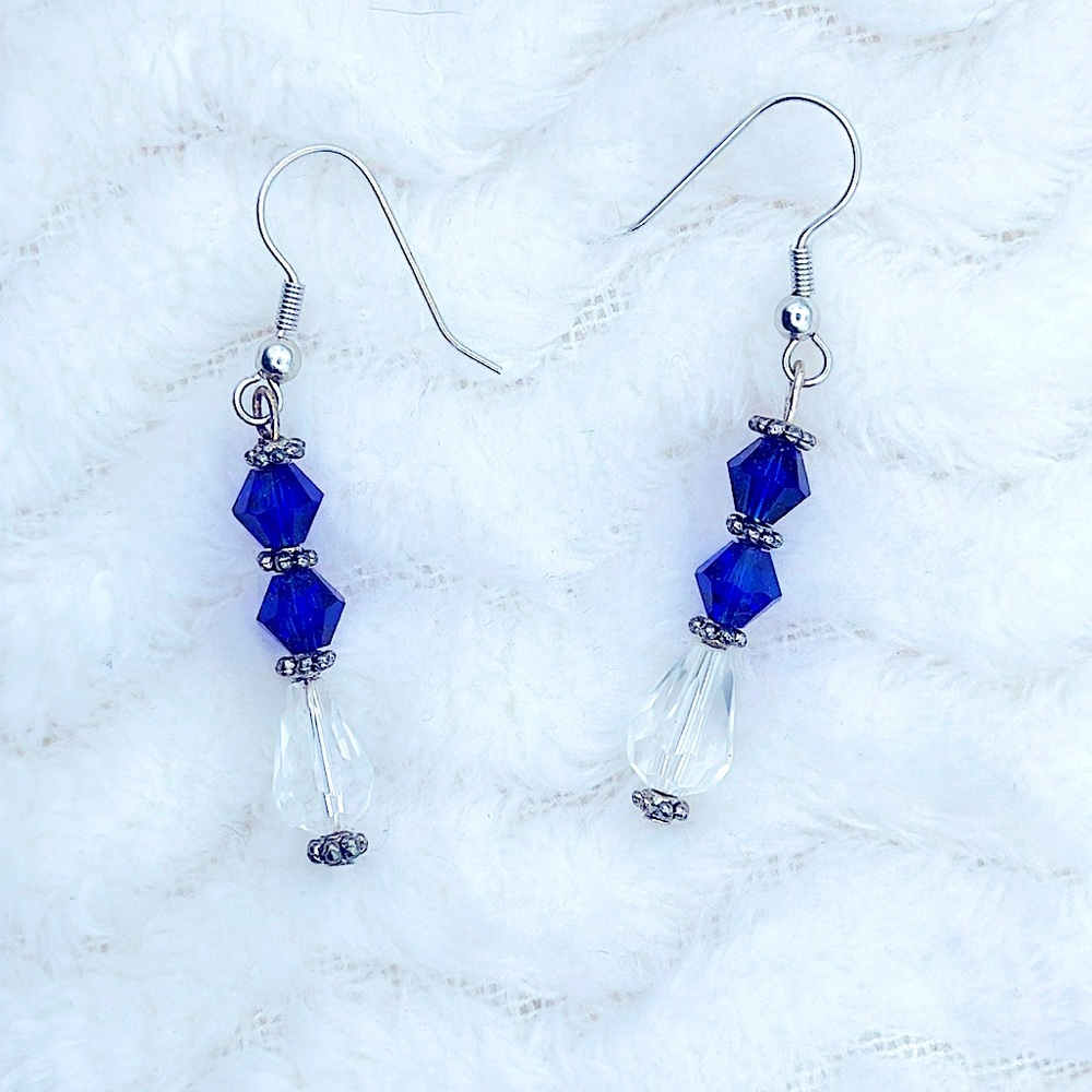 CRYSTAL CLEAR TEARDROPS +COBALT CRYSTALS CRYSTALS EARRINGS SS FISHHOOKS DANGLES